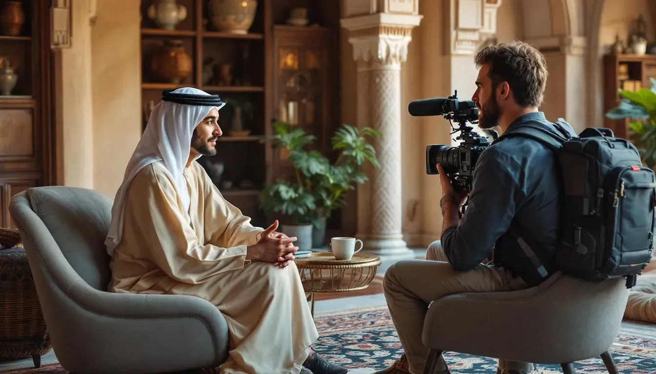 Documentary interview in a traditional majlis - film production in United Arab Emirates